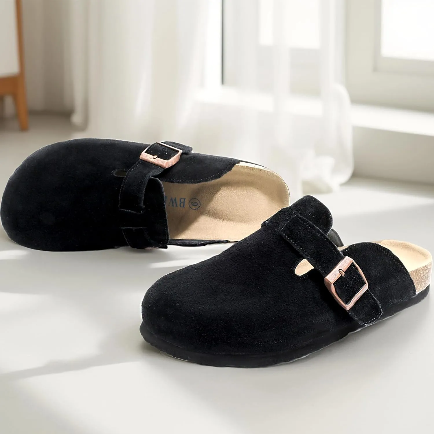 Suede Clogs for Women Leather Mules with Cork Footbed Arch Support Potato Shoes Men Womens Slip-On Clog with Adjustable Buckle Unisex Slippers Flats
