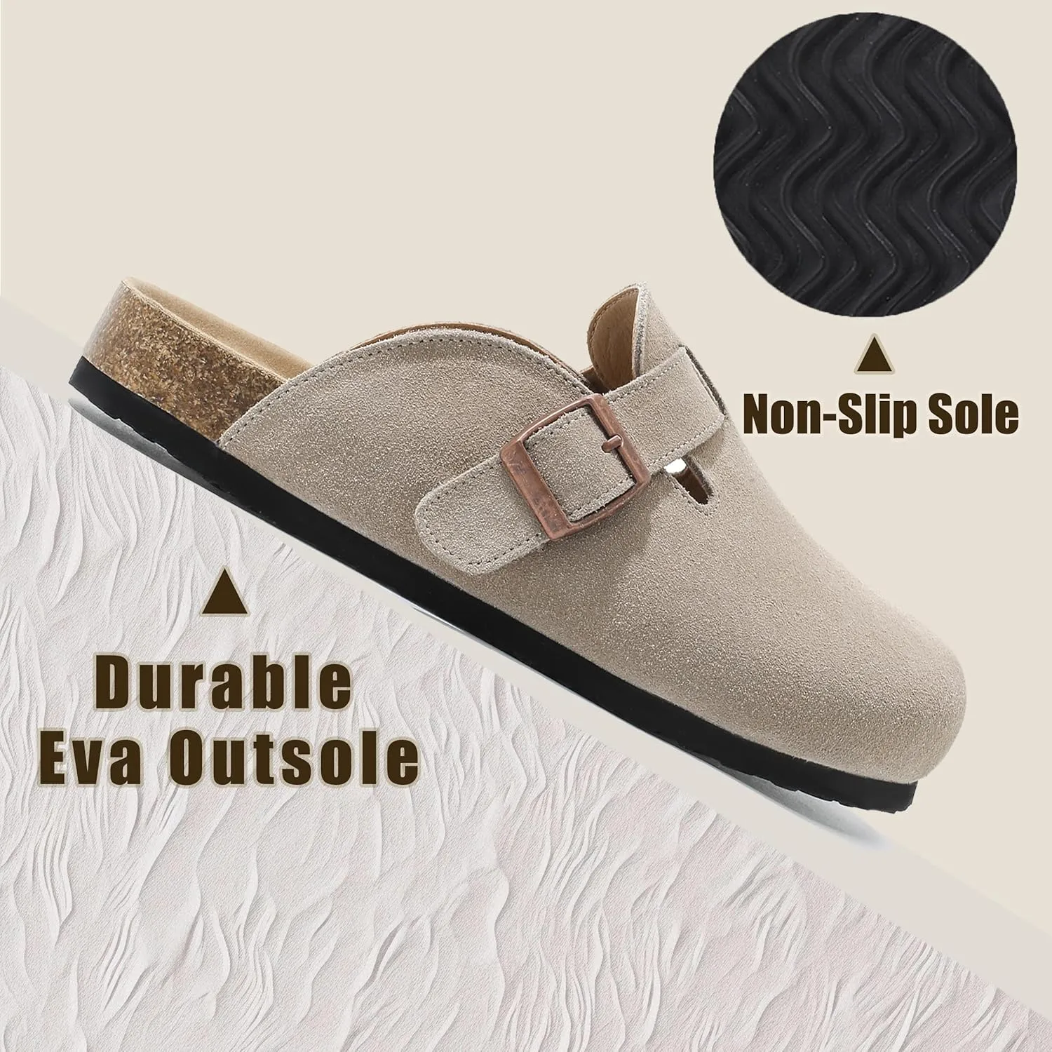 Suede Clogs for Women Leather Mules with Cork Footbed Arch Support Potato Shoes Men Womens Slip-On Clog with Adjustable Buckle Unisex Slippers Flats