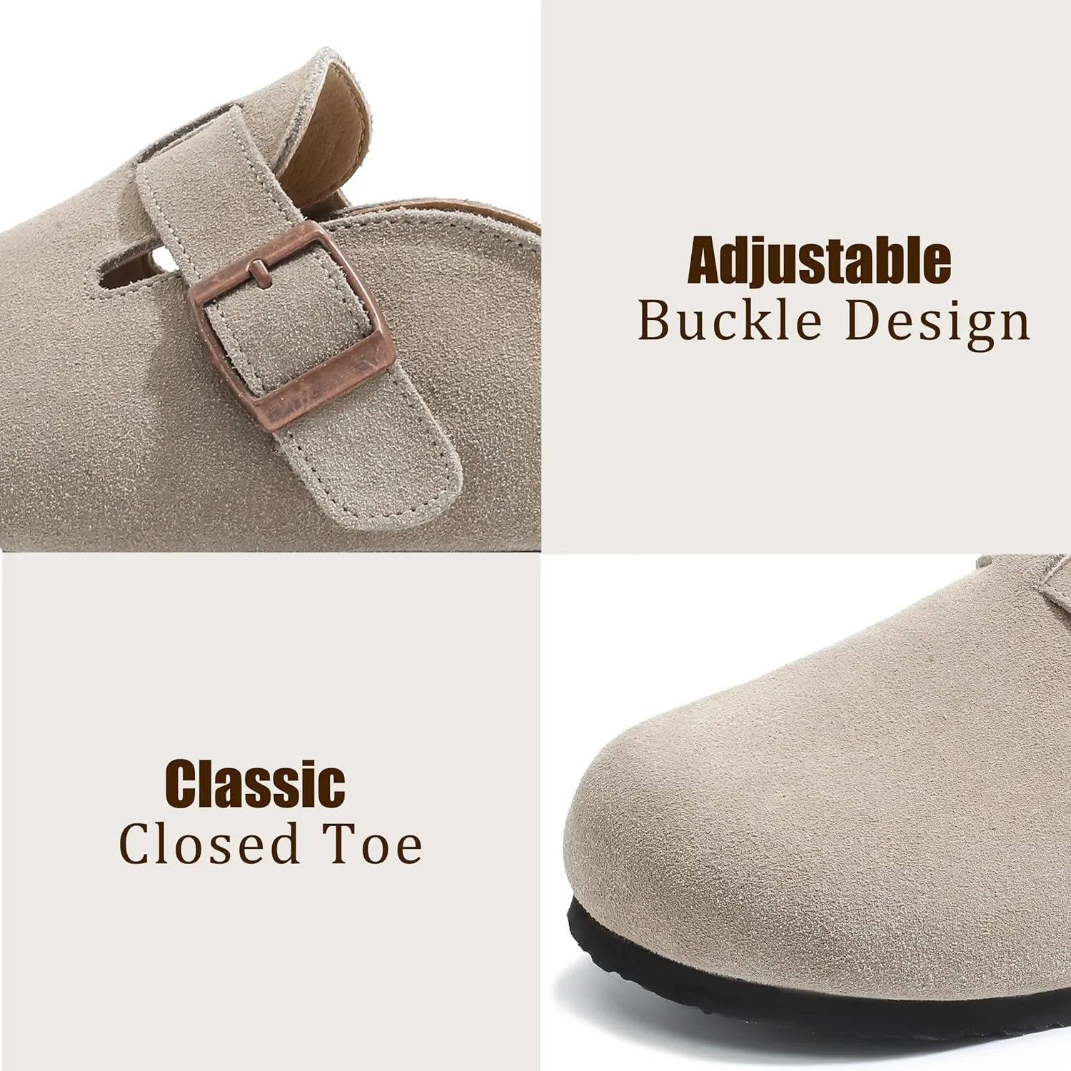Suede Clogs for Women Leather Mules with Cork Footbed Arch Support Potato Shoes Men Womens Slip-On Clog with Adjustable Buckle Unisex Slippers Flats