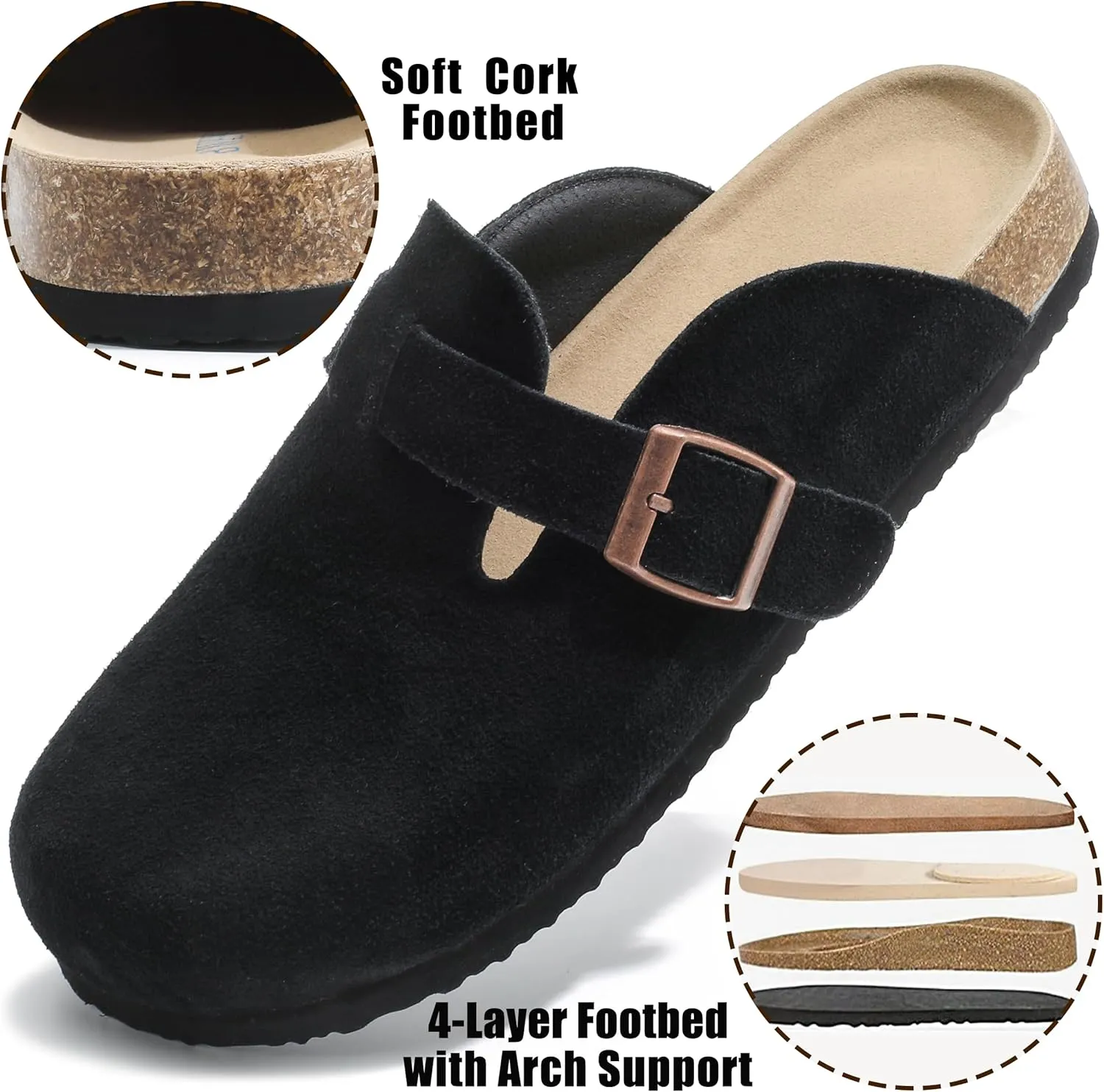 Suede Clogs for Women Leather Mules with Cork Footbed Arch Support Potato Shoes Men Womens Slip-On Clog with Adjustable Buckle Unisex Slippers Flats
