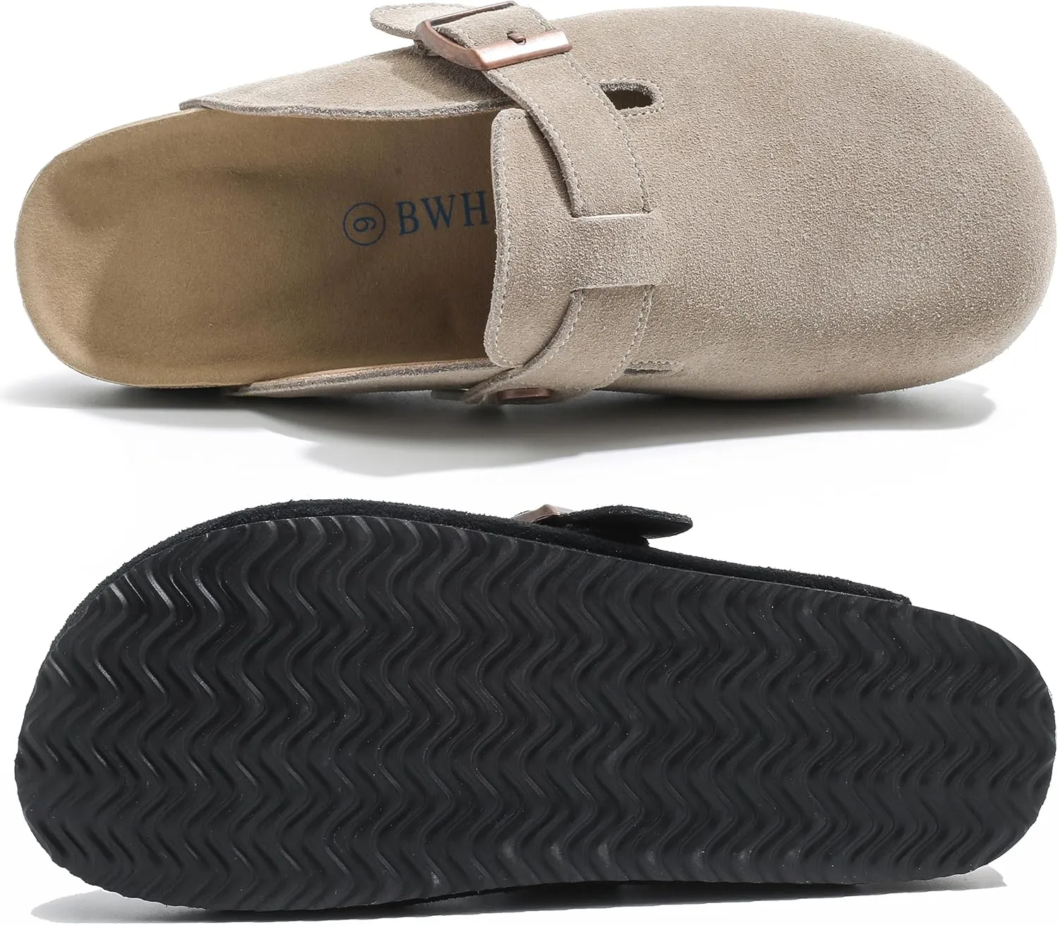 Suede Clogs for Women Leather Mules with Cork Footbed Arch Support Potato Shoes Men Womens Slip-On Clog with Adjustable Buckle Unisex Slippers Flats