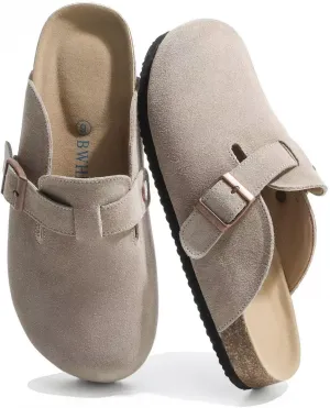 Suede Clogs for Women Leather Mules with Cork Footbed Arch Support Potato Shoes Men Womens Slip-On Clog with Adjustable Buckle Unisex Slippers Flats