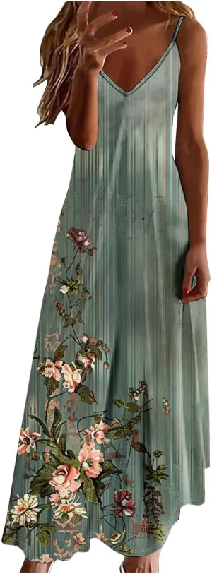 Summer Dress for Women Fashion Floral Printed Strap V-Neck Casual Dresses Flowy Pleated Beach Vacation Dress