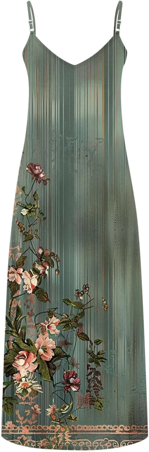 Summer Dress for Women Fashion Floral Printed Strap V-Neck Casual Dresses Flowy Pleated Beach Vacation Dress