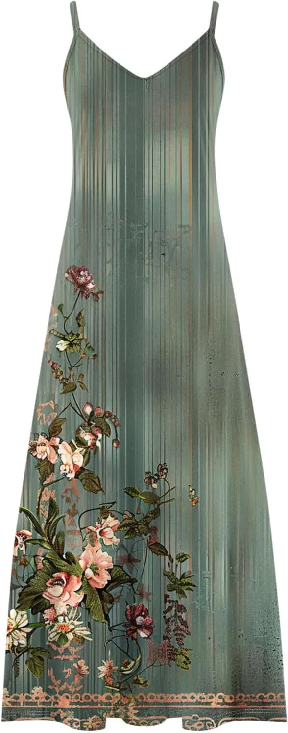 Summer Dress for Women Fashion Floral Printed Strap V-Neck Casual Dresses Flowy Pleated Beach Vacation Dress