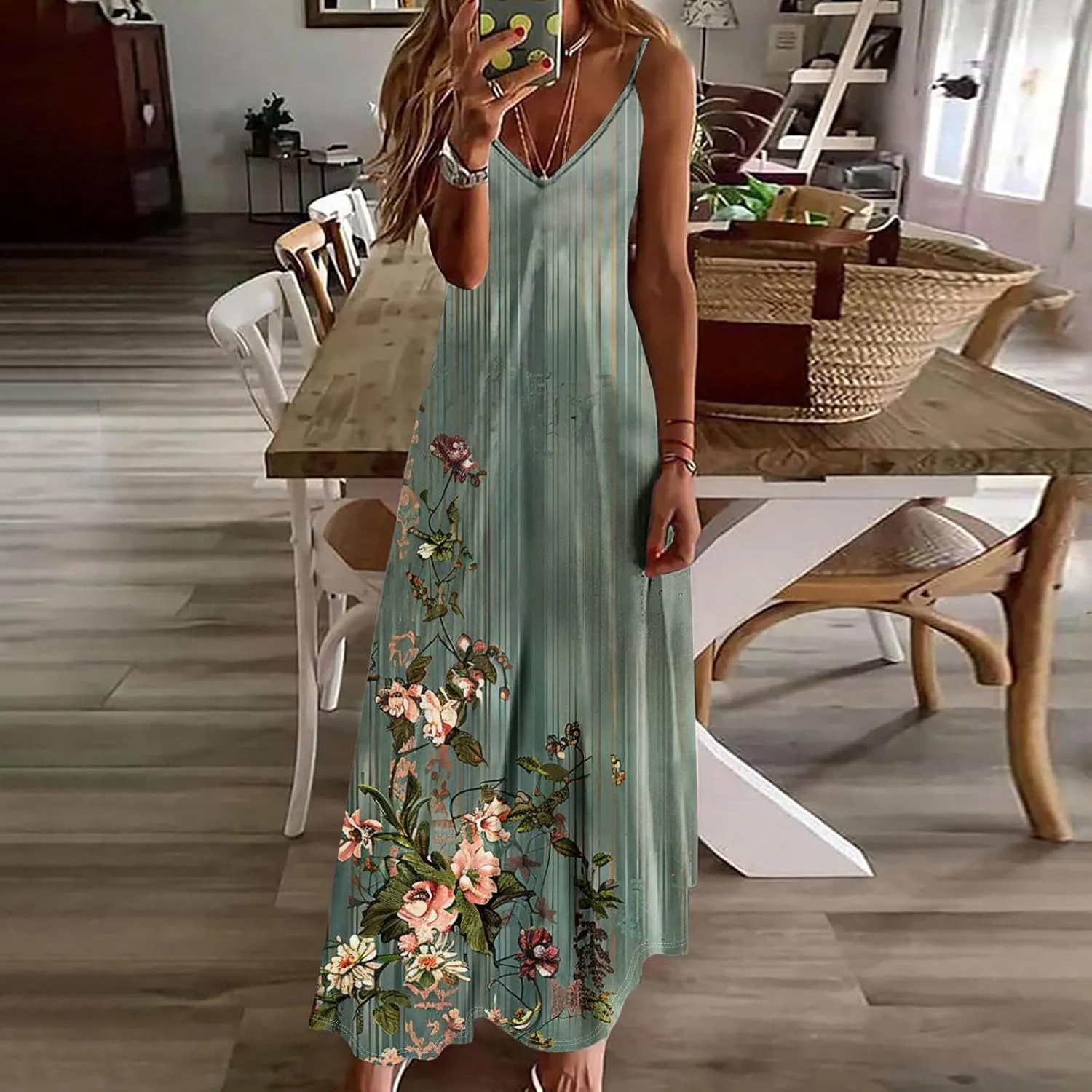 Summer Dress for Women Fashion Floral Printed Strap V-Neck Casual Dresses Flowy Pleated Beach Vacation Dress