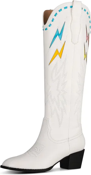 Synchoiss Cowboy Boots for Women Wide Calf Chunky Heel Knee High Cowgirl Boots Classic Embroidered Pointed Toe Western Boots Pull on Rubber Sole Tall Boots