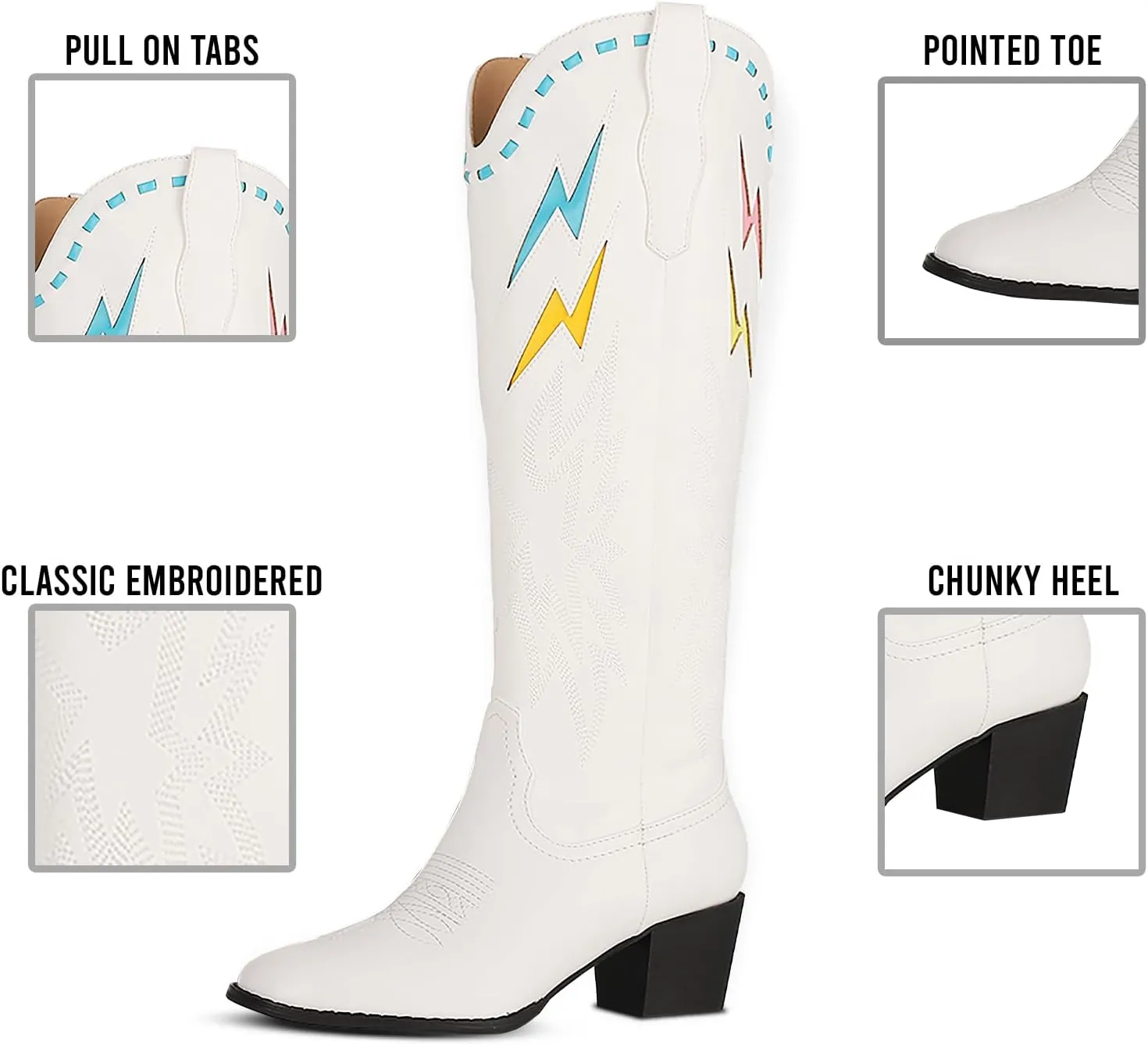 Synchoiss Cowboy Boots for Women Wide Calf Chunky Heel Knee High Cowgirl Boots Classic Embroidered Pointed Toe Western Boots Pull on Rubber Sole Tall Boots