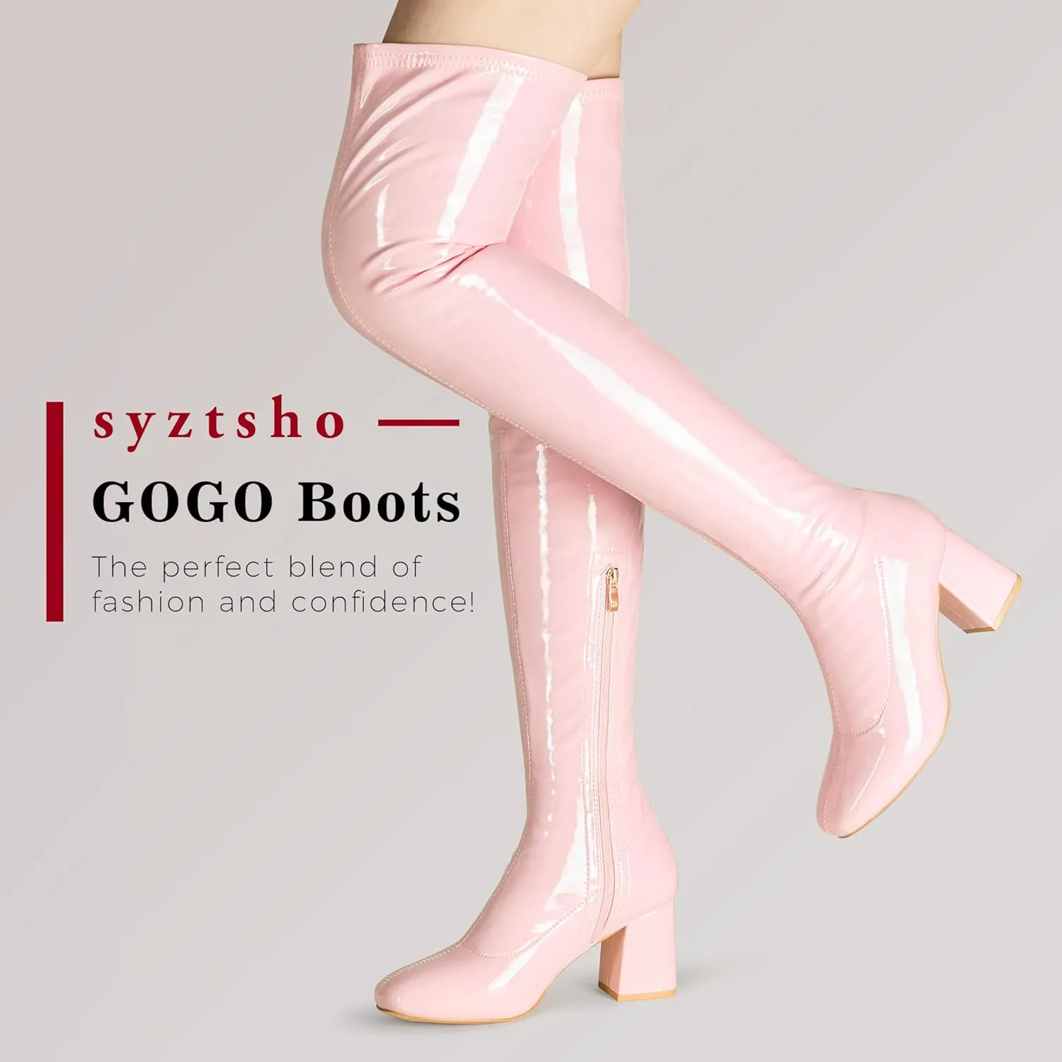 syztsho Thigh High Boots for Women Patent Leather PU Chunky Heel Over The Knee Boot Sexy Square Toe Side Zipper GOGO Boots