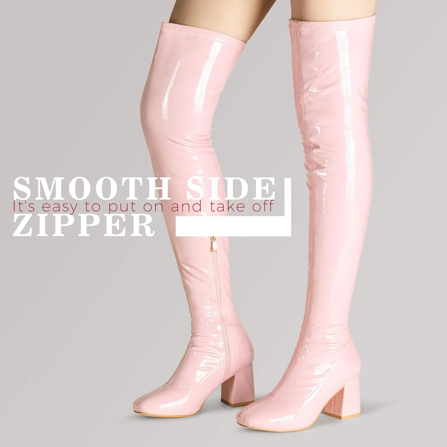 syztsho Thigh High Boots for Women Patent Leather PU Chunky Heel Over The Knee Boot Sexy Square Toe Side Zipper GOGO Boots