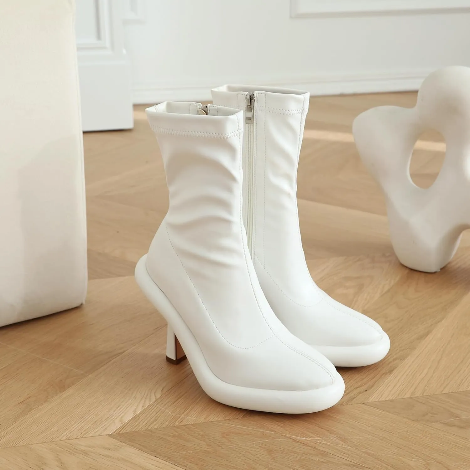 TAEPUSR Women's Platform Boots Stiletto High Heel Mid Calf Boots Elastic Round Toe Ankle Boots with Side Zipper Fashion Party Dress Stretch Boots for Women