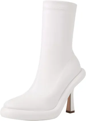 TAEPUSR Women's Platform Boots Stiletto High Heel Mid Calf Boots Elastic Round Toe Ankle Boots with Side Zipper Fashion Party Dress Stretch Boots for Women