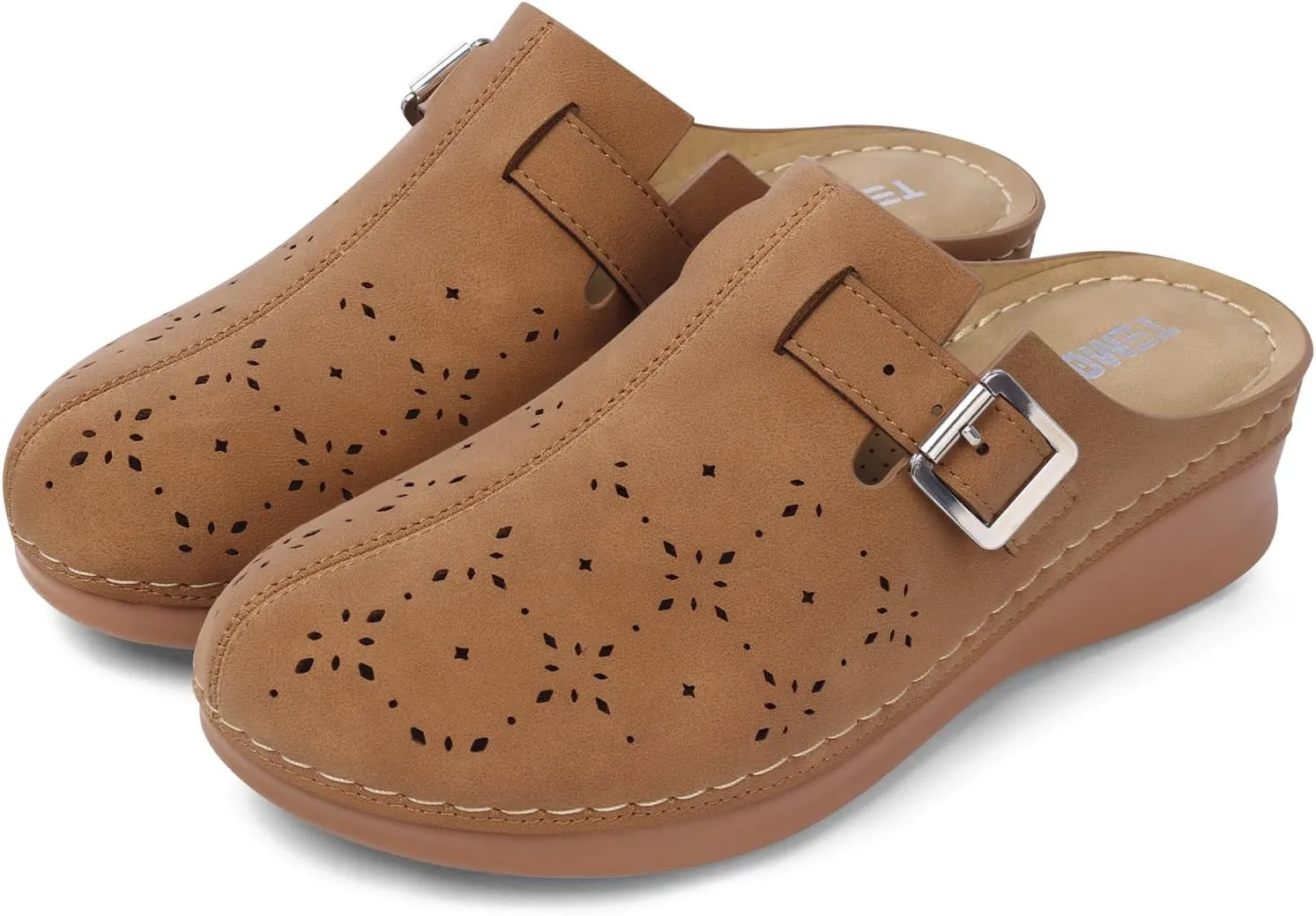 TEMOFON Mules for Women Slip on Sandals: Comfortable Clogs with Arch Support Leather Flats Closed Toe Sandals Shoes