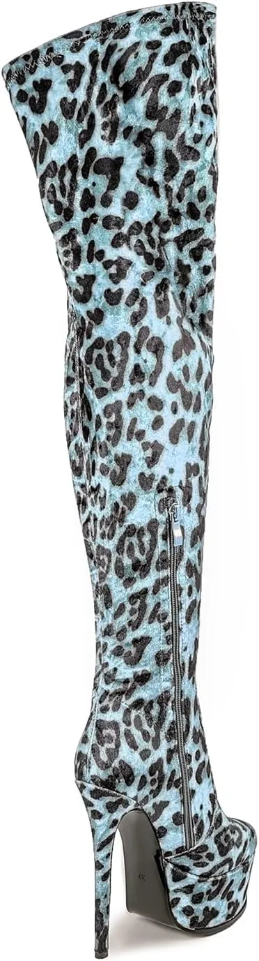Thigh high boots Women's leopard Zebra Print Striped stretch Stiletto heel Platform Newspaper Over the knee Round toe Side back zipper Sexy unisex high heels