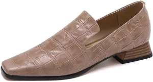 TinaCus Women's Genuine Leather Embossed Square Toe Stacked Heel Office Loafers Shoes
