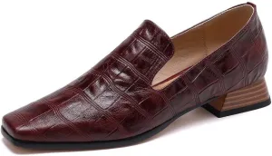TinaCus Women's Genuine Leather Embossed Square Toe Stacked Heel Office Loafers Shoes
