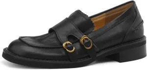 TinaCus Women's Genuine Leather Round Toe Monk Strap Chunky Heel Handmade Loafers Shoes