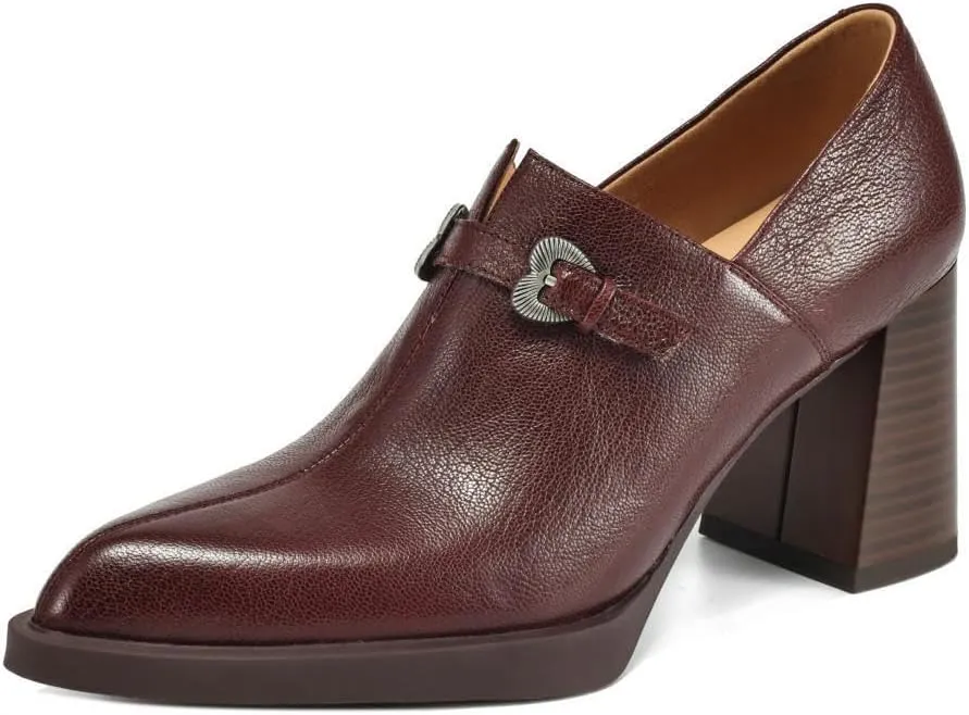 TinaCus Women's Genuine Leather Slip-on Pointed Toe High Block Heel Loafers Pumps Shoes