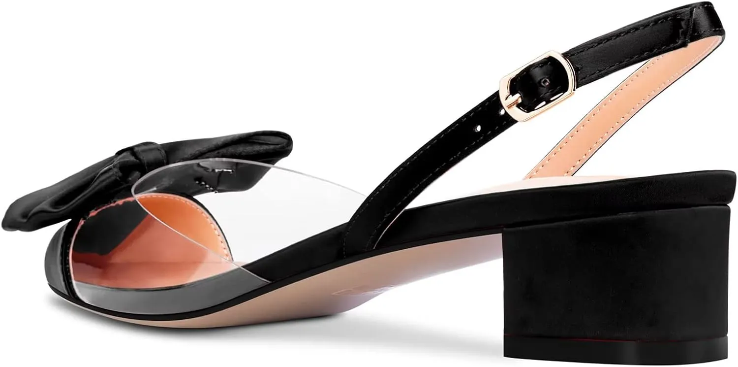TNYNFBEB Women Chunky Block Mid Heel Pointed Toe Sandals Ankle Strap Slingback Buckle Bow-knot Party Cute 2.0 Inches Heels