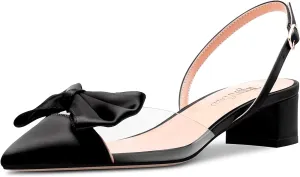 TNYNFBEB Women Chunky Block Mid Heel Pointed Toe Sandals Ankle Strap Slingback Buckle Bow-knot Party Cute 2.0 Inches Heels