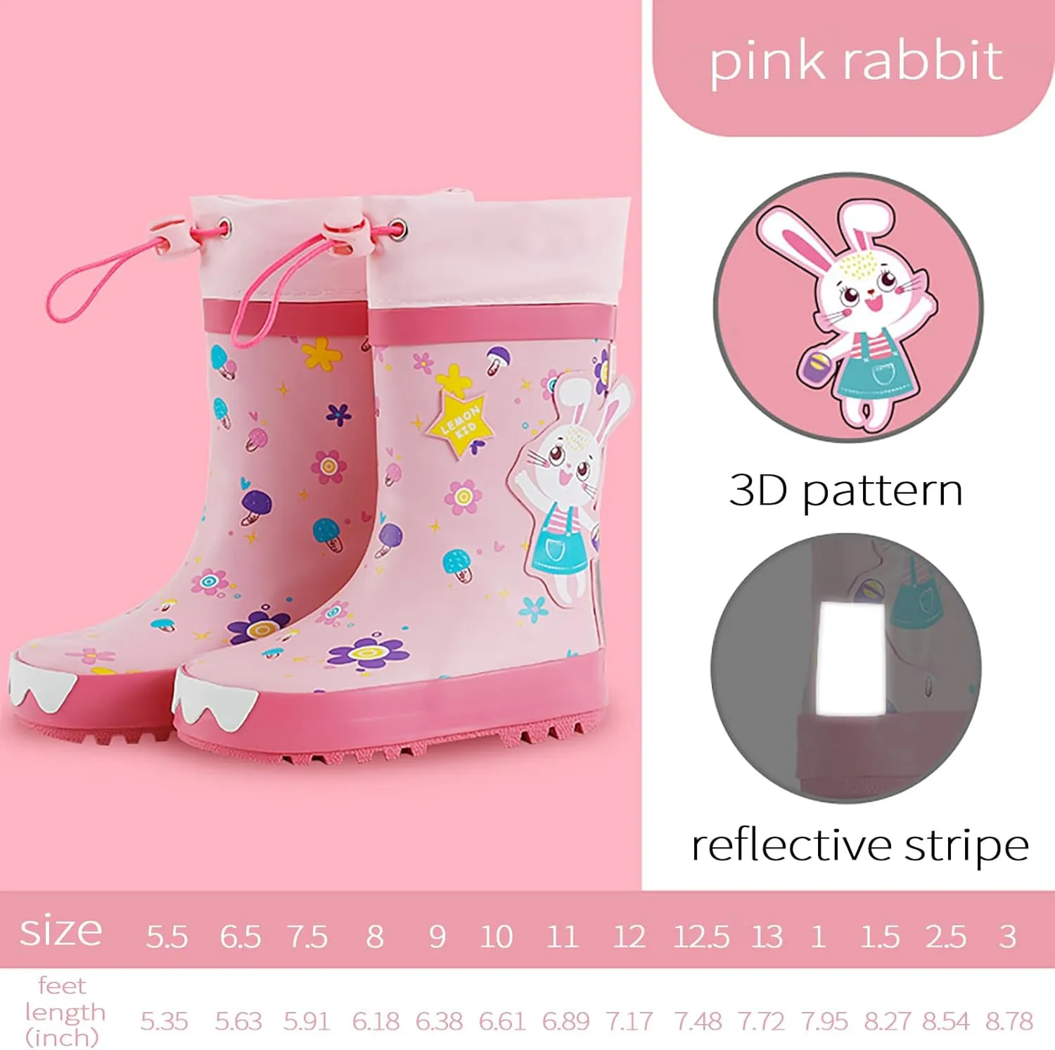 Toddler Kids Reflective Stripes Rain Boots Waterproof Rubber Boots in 3D Patterns for Boys and Girls
