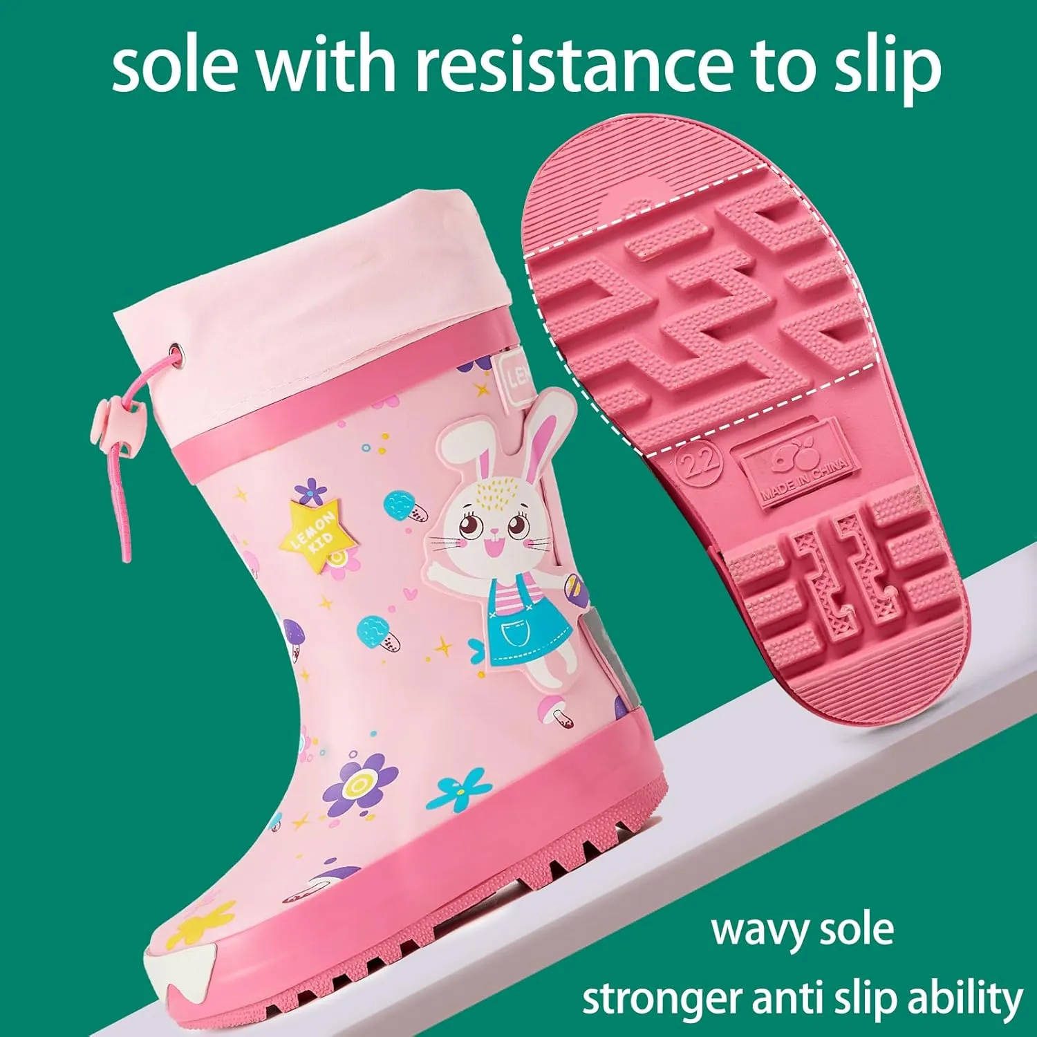 Toddler Kids Reflective Stripes Rain Boots Waterproof Rubber Boots in 3D Patterns for Boys and Girls