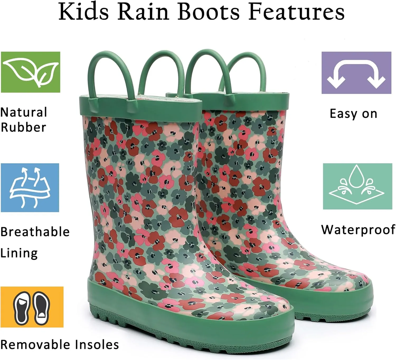 Toddler Rain Boots for Boys and Girls Waterproof Rubber Kids Rain Boots with Easy on Handles All-season