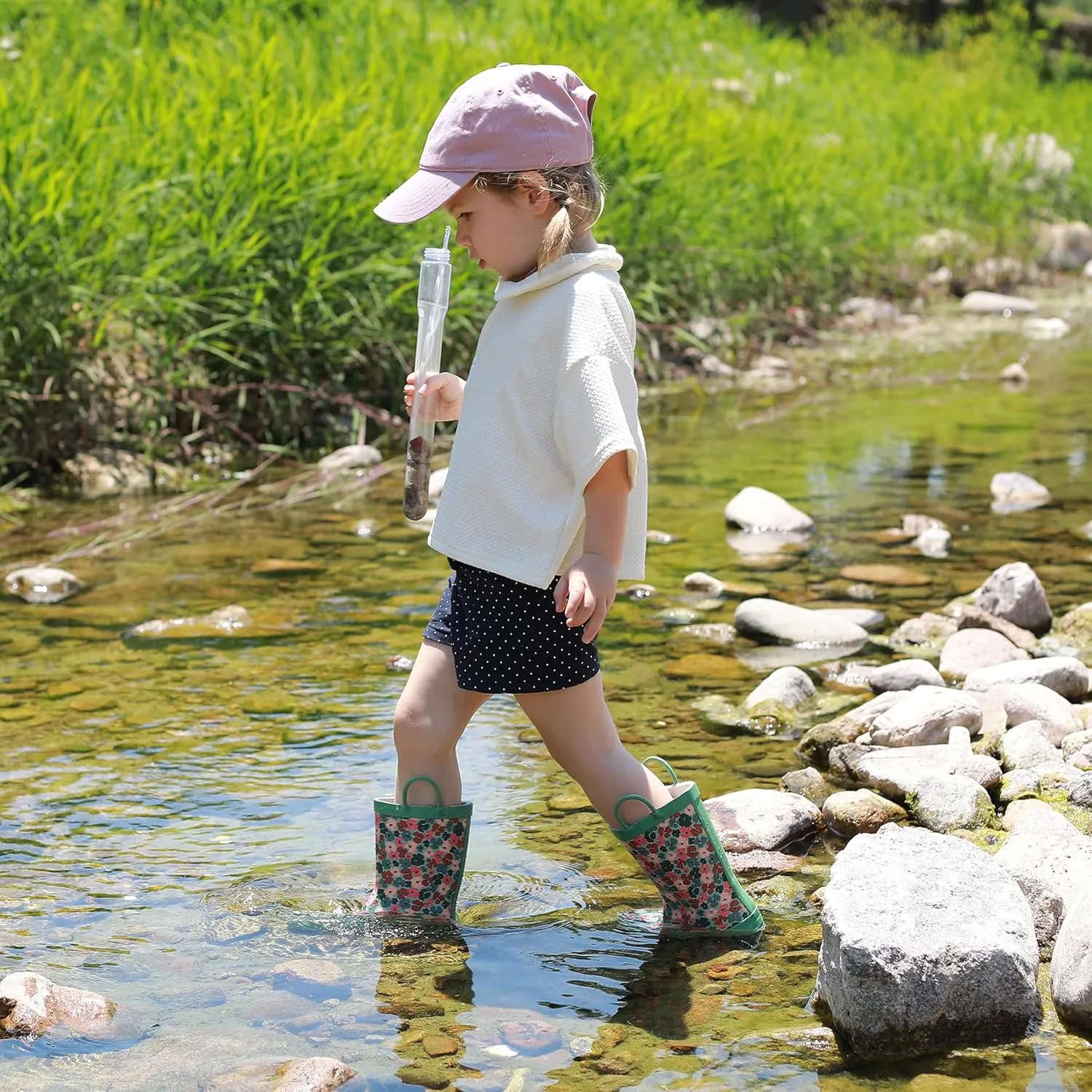 Toddler Rain Boots for Boys and Girls Waterproof Rubber Kids Rain Boots with Easy on Handles All-season
