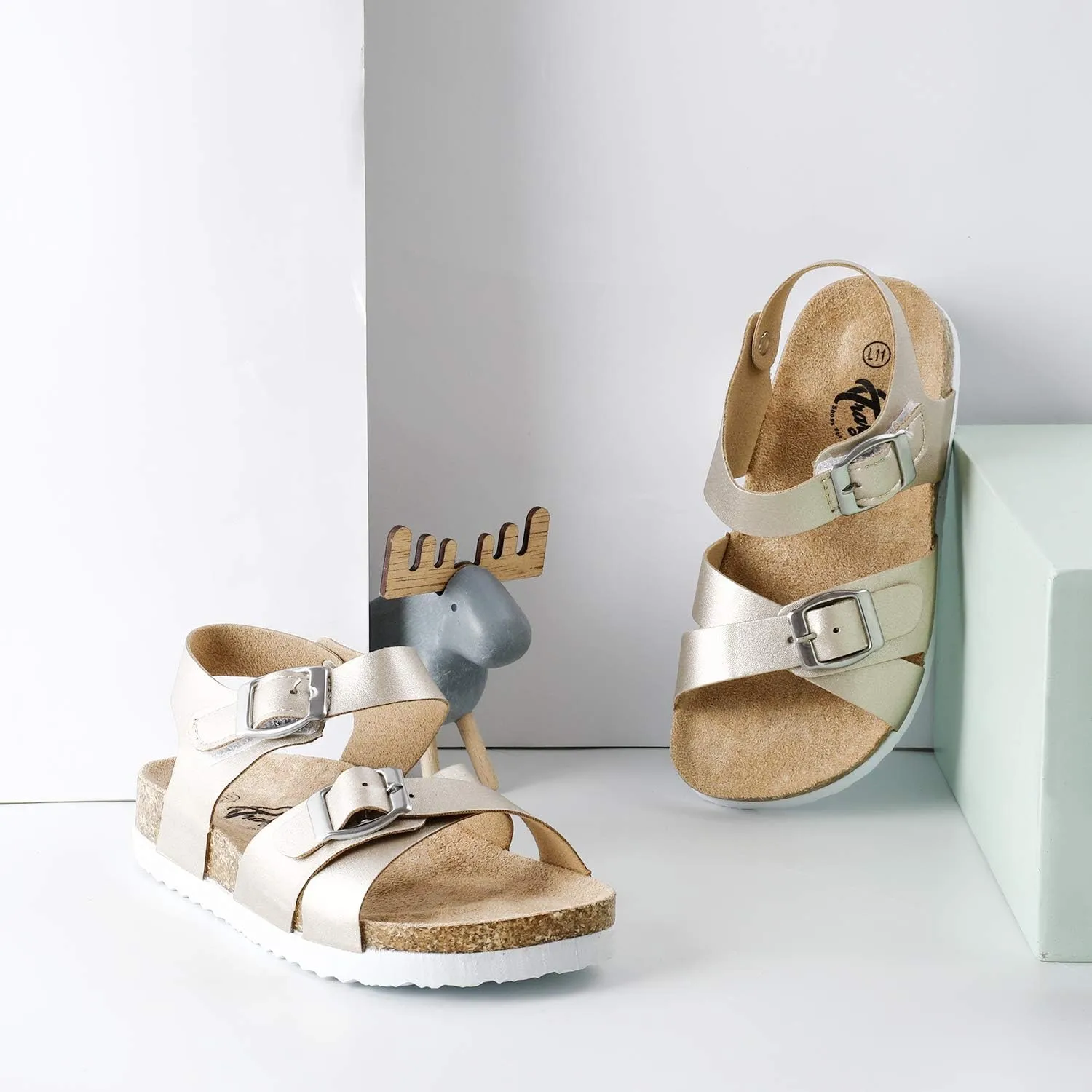 Trary Girls Sandals Open Toe Casual Summer Shoes with Cork Footbed Comfortable Flat Sandals for Little Kids