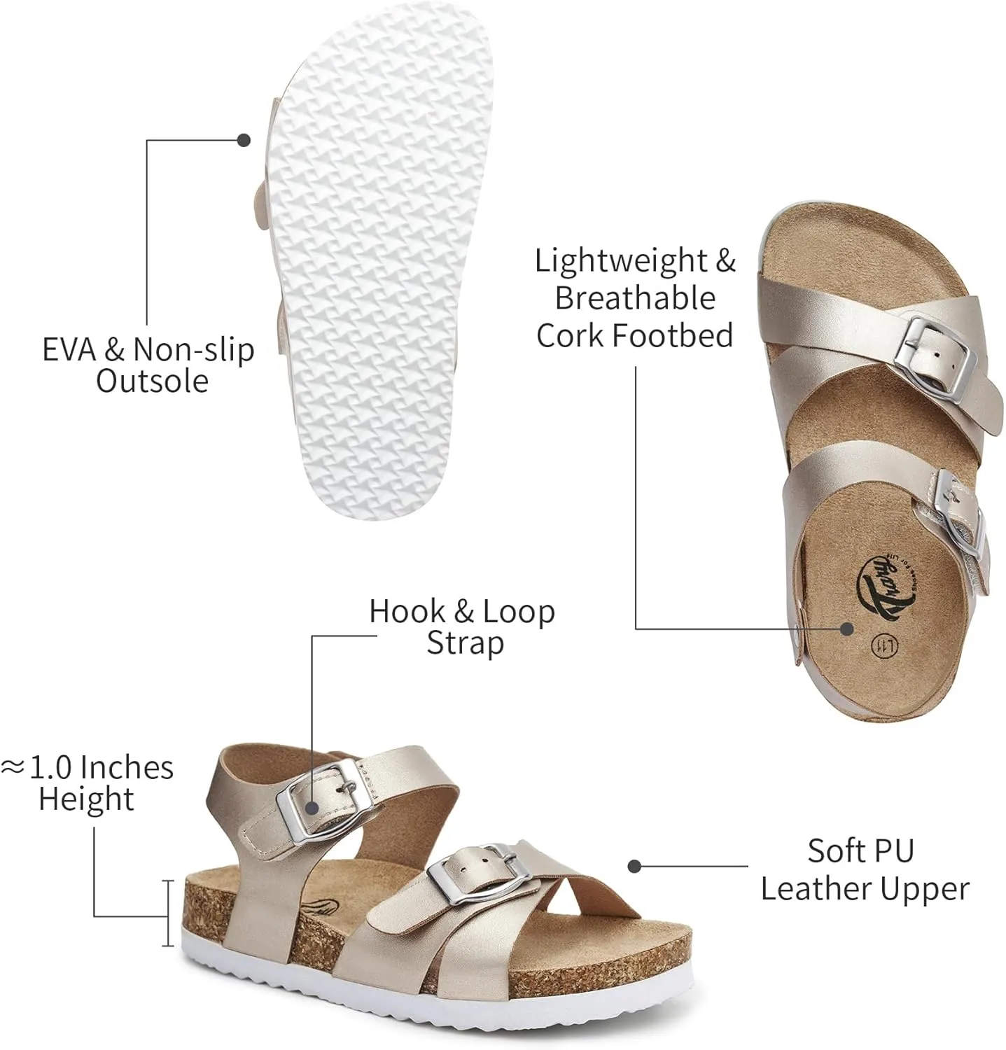 Trary Girls Sandals Open Toe Casual Summer Shoes with Cork Footbed Comfortable Flat Sandals for Little Kids