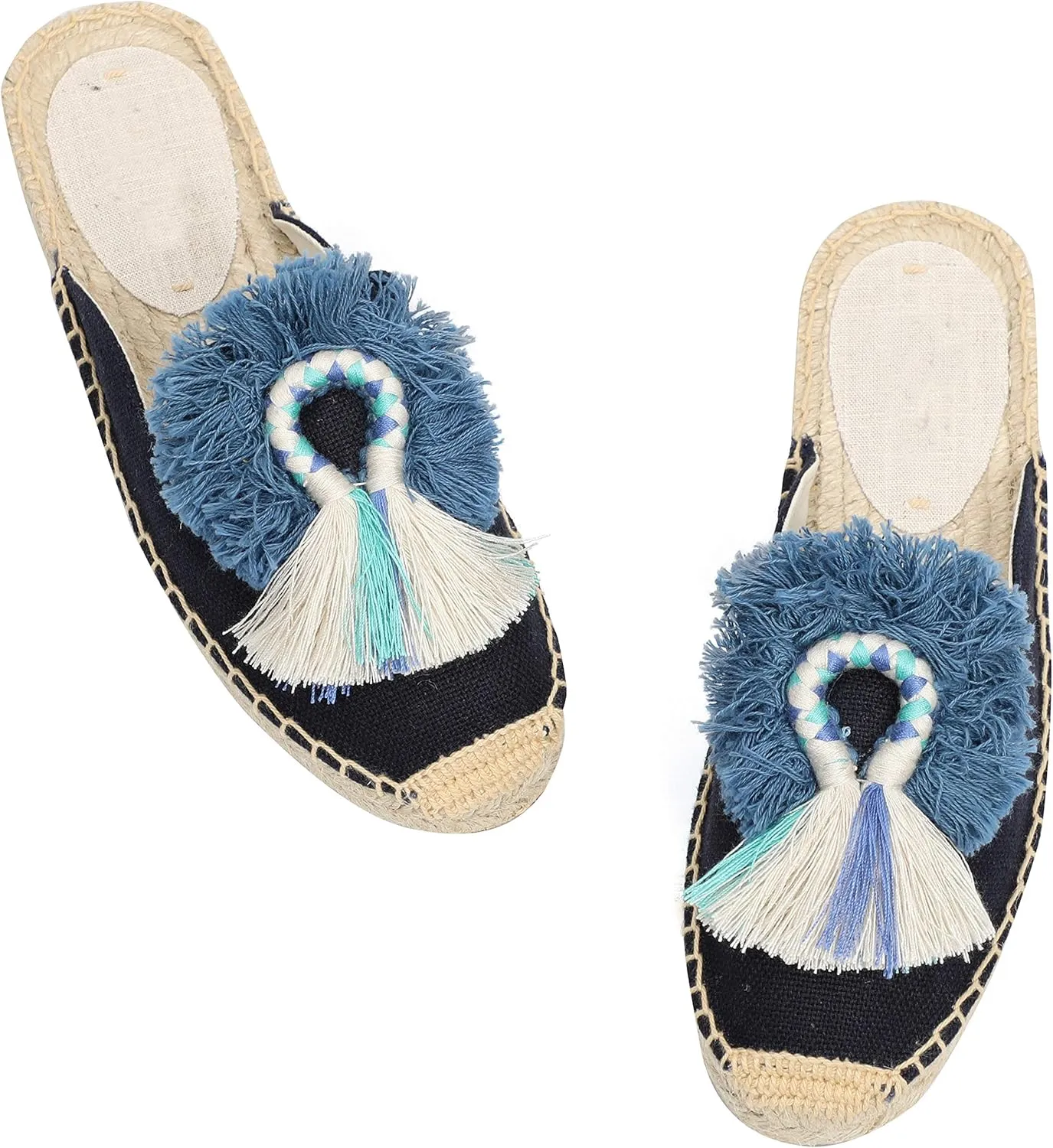 U-lite Women's Comfort Red Tassel & Fluffy Ball Embellishment Canvas Mule Shoes Espadrilles