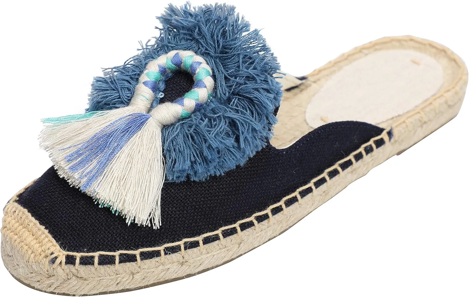 U-lite Women's Comfort Red Tassel & Fluffy Ball Embellishment Canvas Mule Shoes Espadrilles