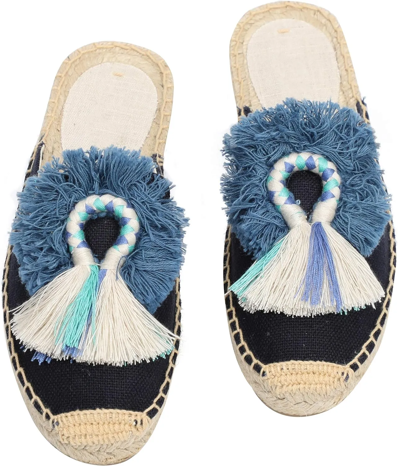 U-lite Women's Comfort Red Tassel & Fluffy Ball Embellishment Canvas Mule Shoes Espadrilles