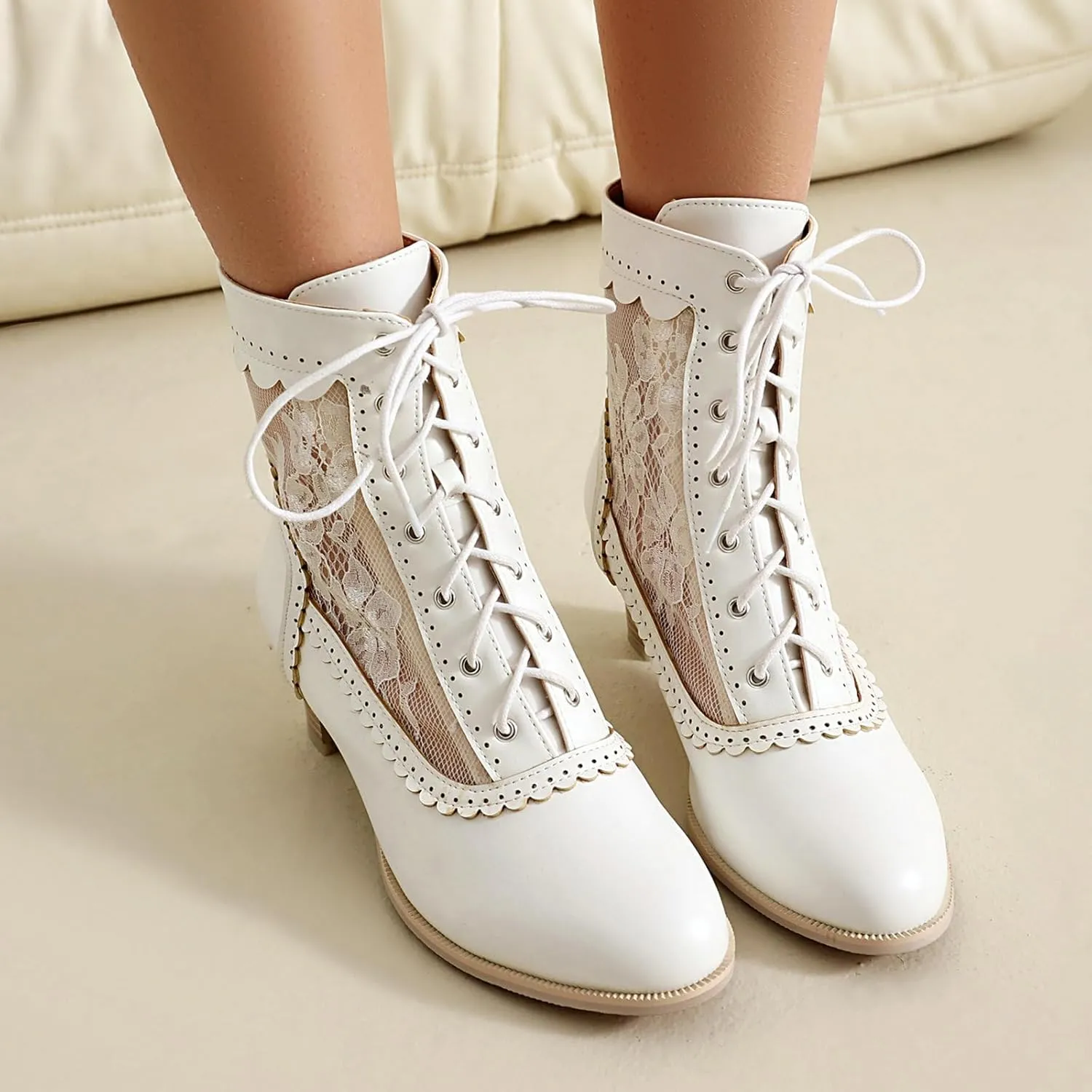 Uniquelly Women Vintage Victorian Boots Kitten Heel Lace Up Ankle Boots 70s Witch Granny Booties Side Zipper Round Toe Victorian Shoes