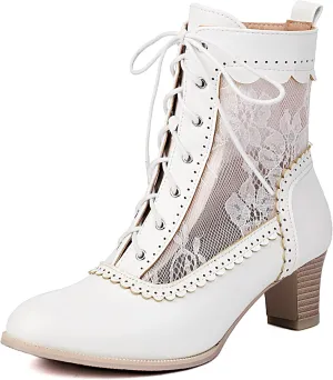 Uniquelly Women Vintage Victorian Boots Kitten Heel Lace Up Ankle Boots 70s Witch Granny Booties Side Zipper Round Toe Victorian Shoes