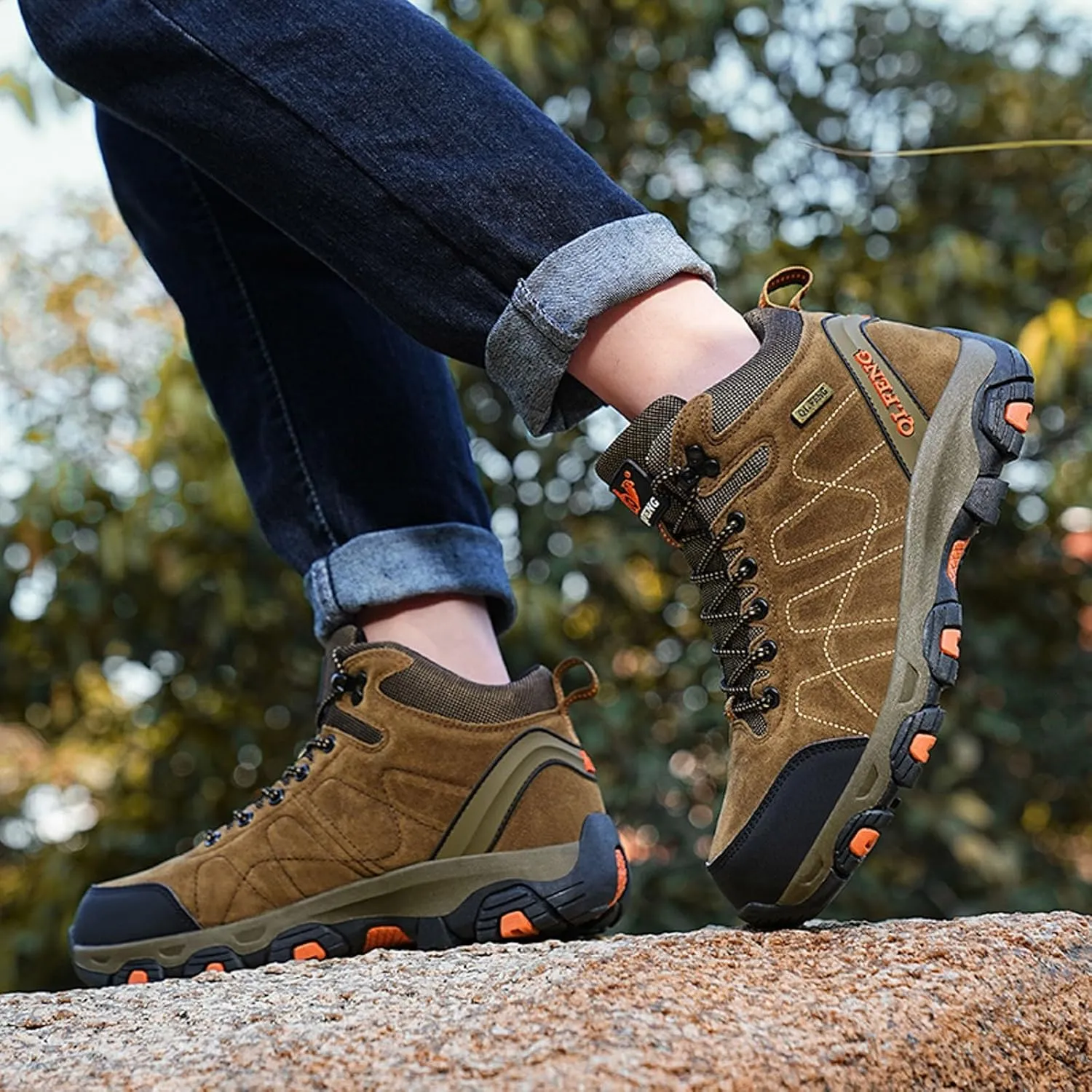Unisex Hiking Boots High Top Lace Up Lightweight Waterproof Outdoor Trekking Camping Trail Hiking Boots Non Slip Rubber Outsole Soft Memory Foam Midsole Sneakers Comfy Daily Walking Work Shoes