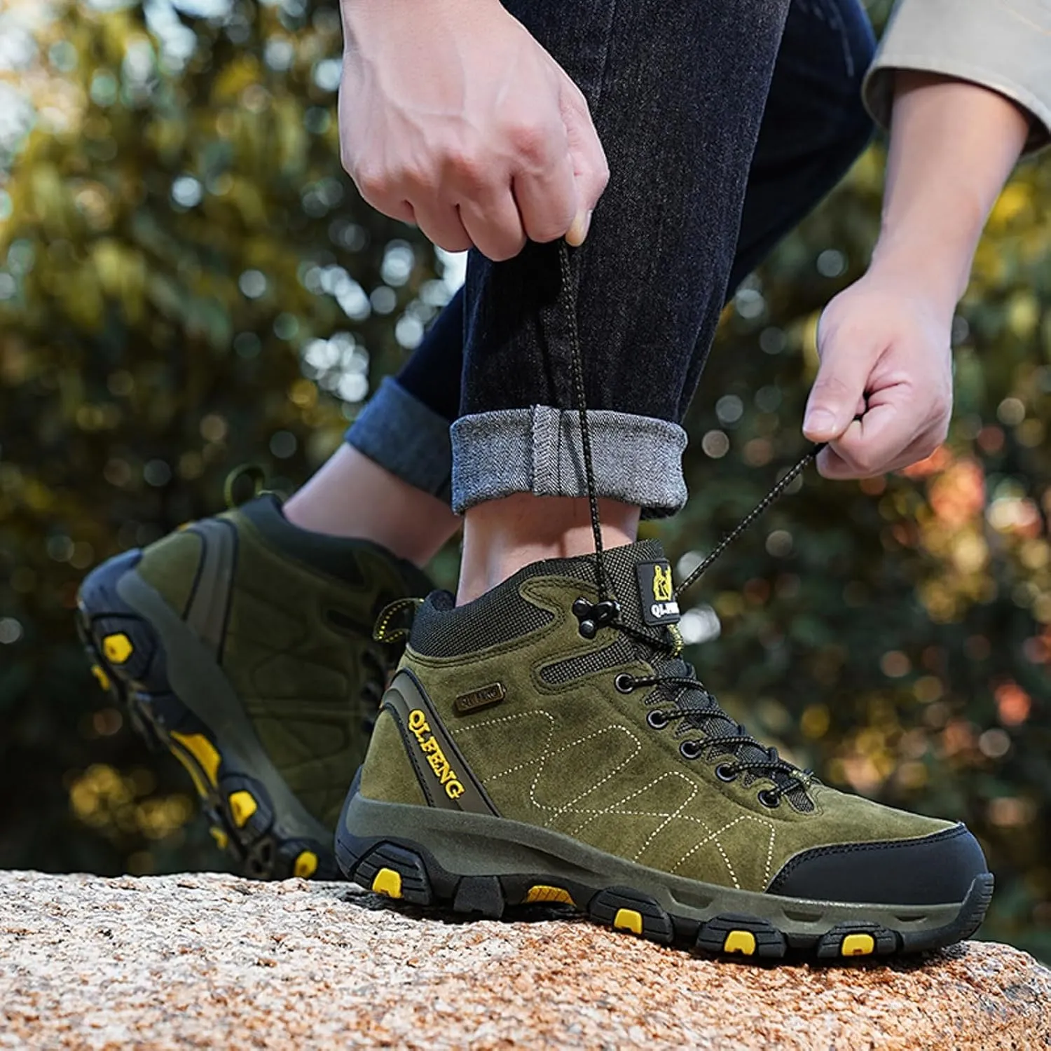 Unisex Hiking Boots High Top Lace Up Lightweight Waterproof Outdoor Trekking Camping Trail Hiking Boots Non Slip Rubber Outsole Soft Memory Foam Midsole Sneakers Comfy Daily Walking Work Shoes