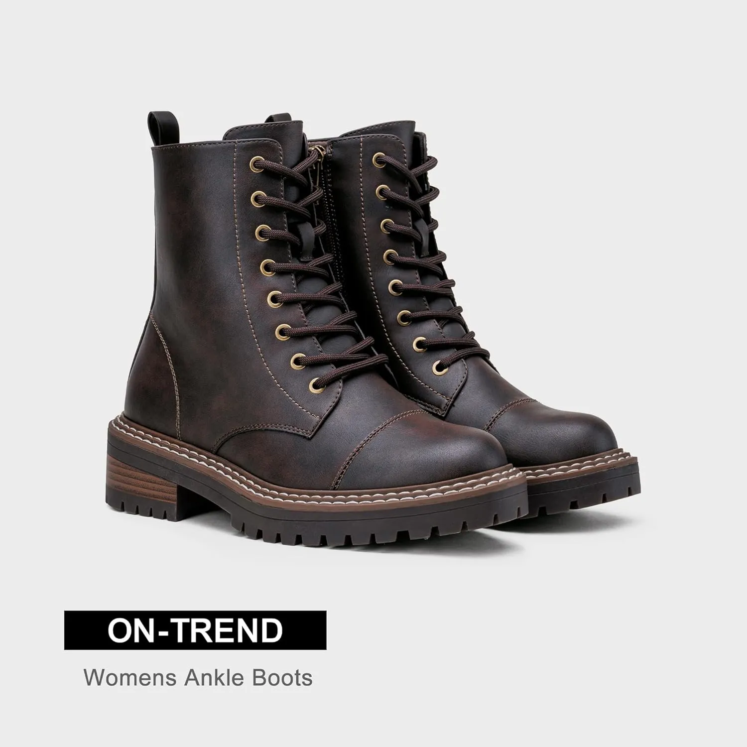 Vepose Women's 9629 Fashion Combat Ankle Boots, Lace up Booties with Inner Zipper