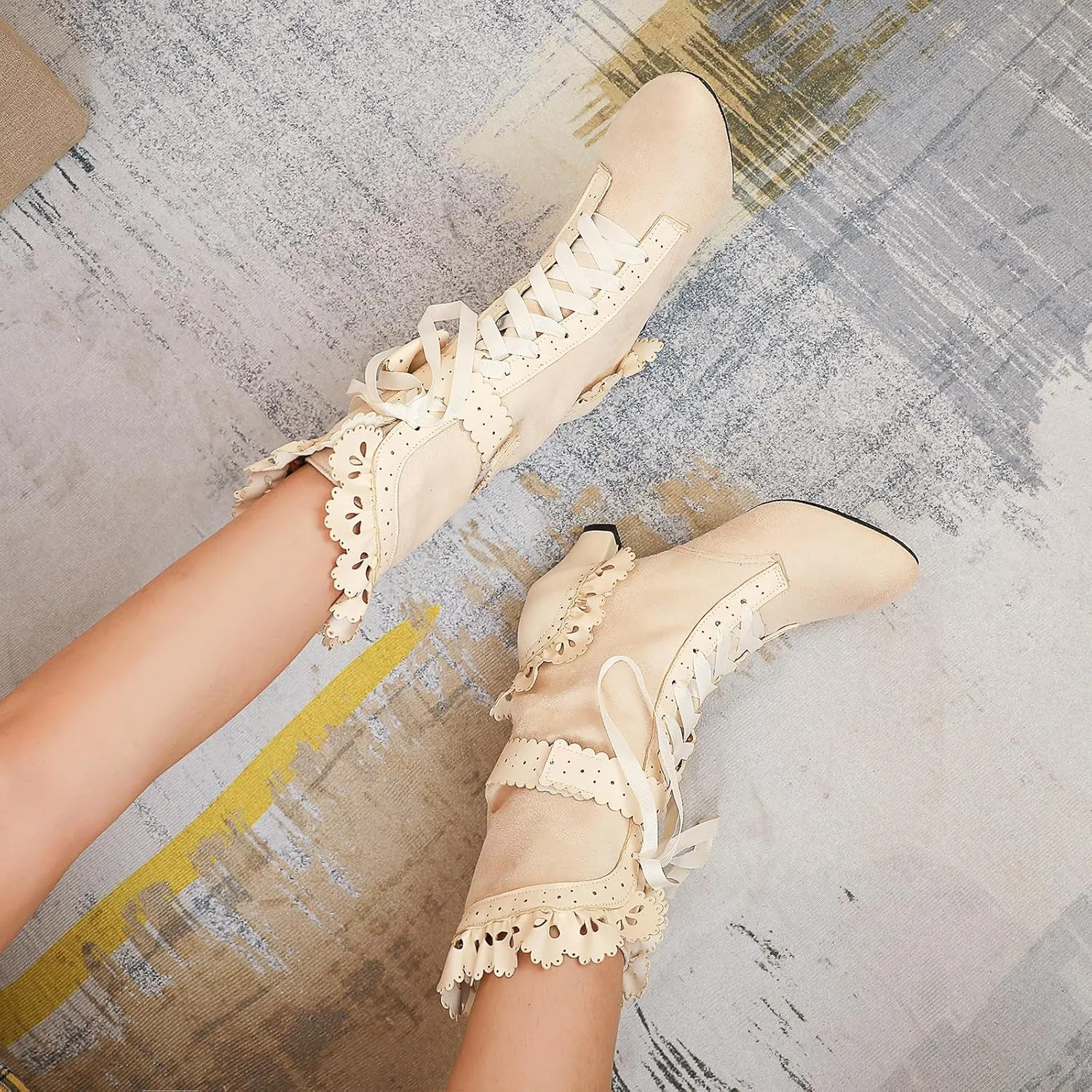 Victorian Boots for Women Vintage Bow Ruffles Goth Boots Costume Lace Up 70S Retro Boots Halloween Witch Stuff Cuban Heel Mid Calf Boots