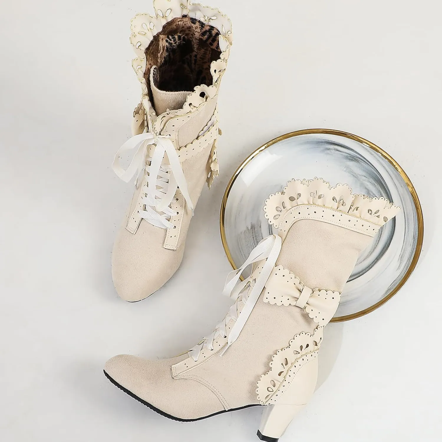 Victorian Boots for Women Vintage Bow Ruffles Goth Boots Costume Lace Up 70S Retro Boots Halloween Witch Stuff Cuban Heel Mid Calf Boots