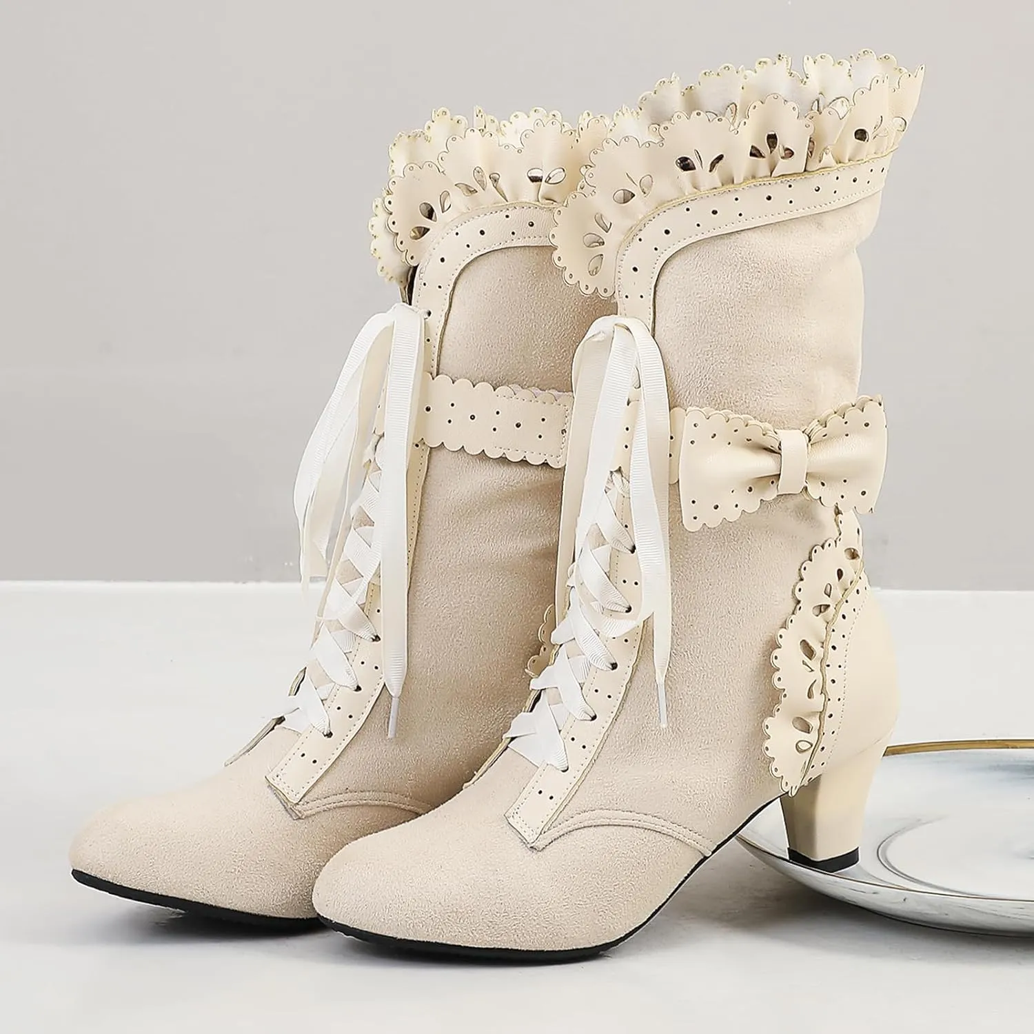Victorian Boots for Women Vintage Bow Ruffles Goth Boots Costume Lace Up 70S Retro Boots Halloween Witch Stuff Cuban Heel Mid Calf Boots