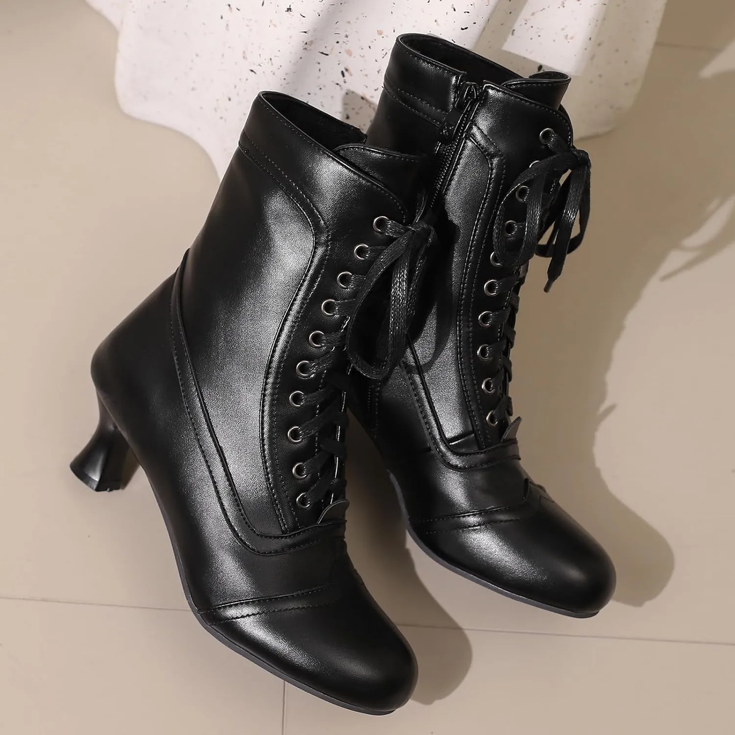 Victorian Boots for Women Vintage Lace Up Ankle-High Booties Costume Goth Booties Halloween Witch Stuff Cuban Heel Granny Boots