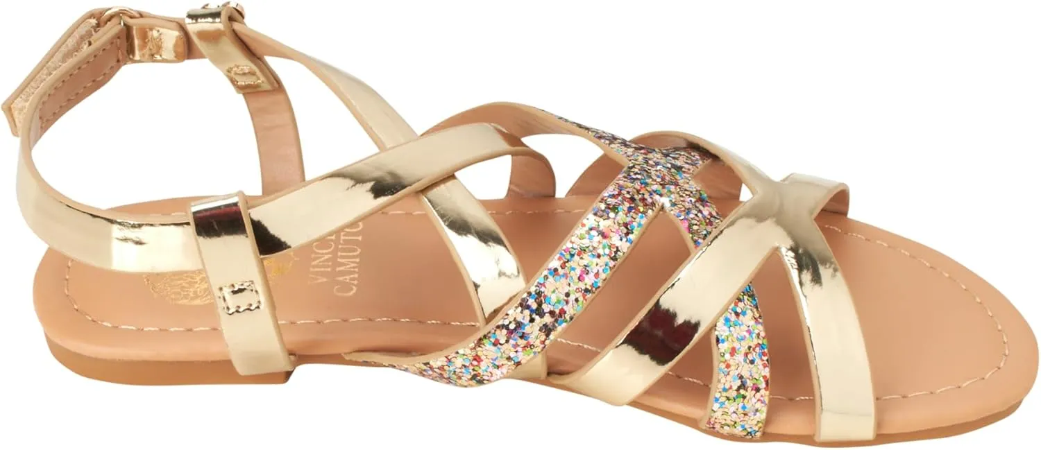 Vince Camuto Girls' Sandals - Open Toe Summer Strappy Flat Dress Shoes with Glitters and Secure Hook and Look Closure