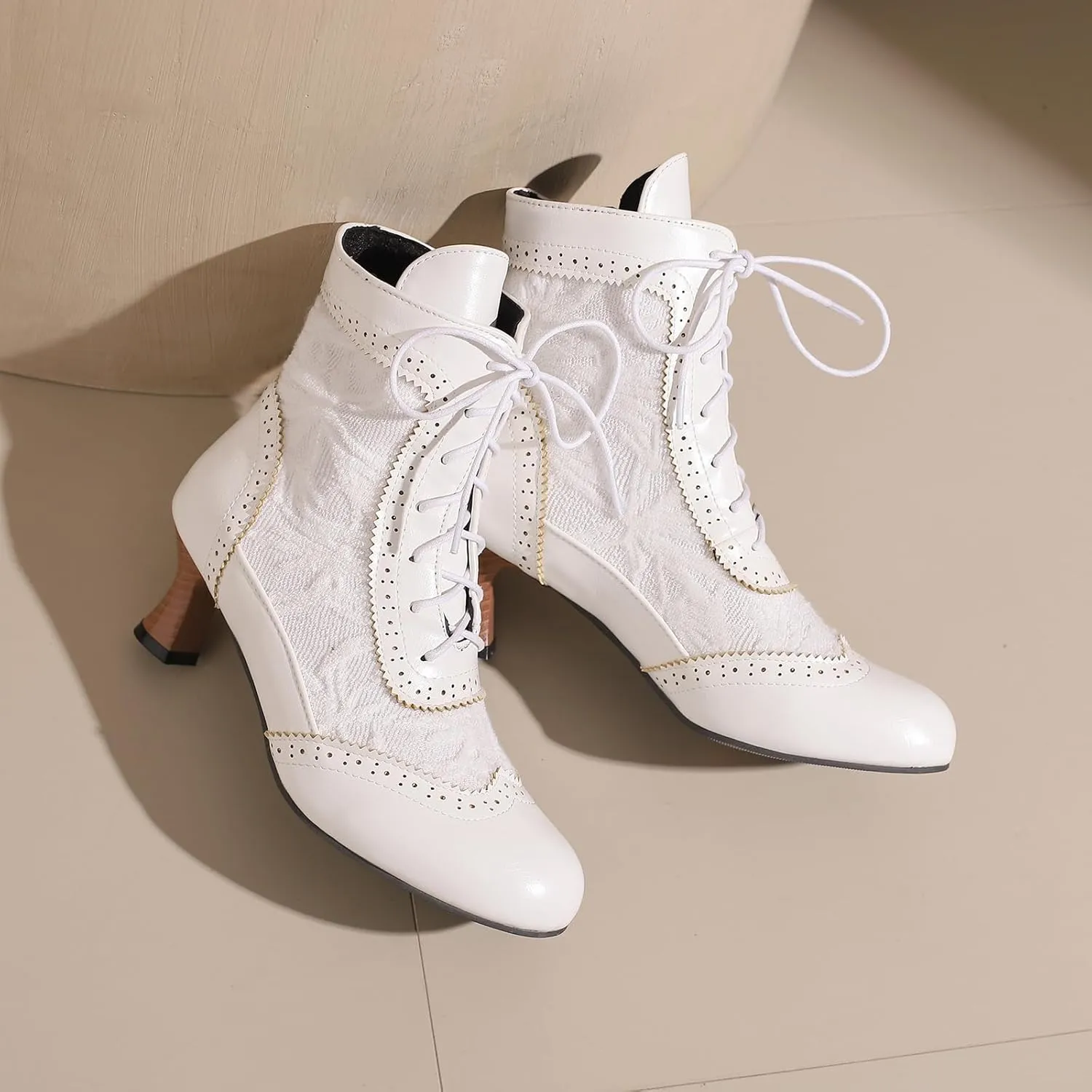 Vintage Victorian Boots for Women Kitten Heel Lace Ruffles Granny Boots Lace Up Ankle-High Booties