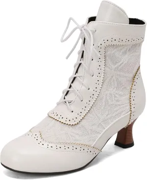 Vintage Victorian Boots for Women Kitten Heel Lace Ruffles Granny Boots Lace Up Ankle-High Booties