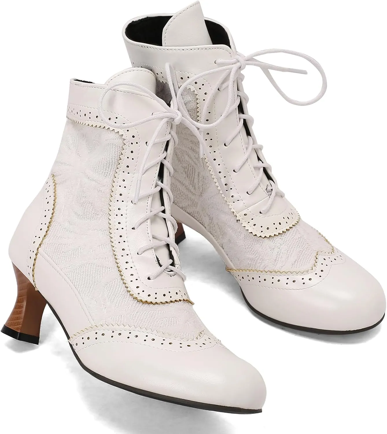Vintage Victorian Boots for Women Kitten Heel Lace Ruffles Granny Boots Lace Up Ankle-High Booties