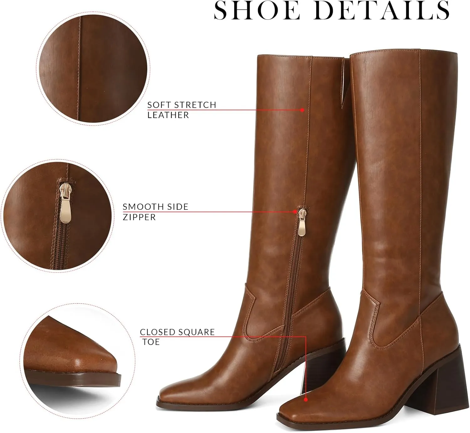 VOMIRA Knee High Boots Women Wide Calf Boots for Women Square Toe Tall Boots Chunky Heel Leather Long Boots Winter Fall Boots Black Boots for Women