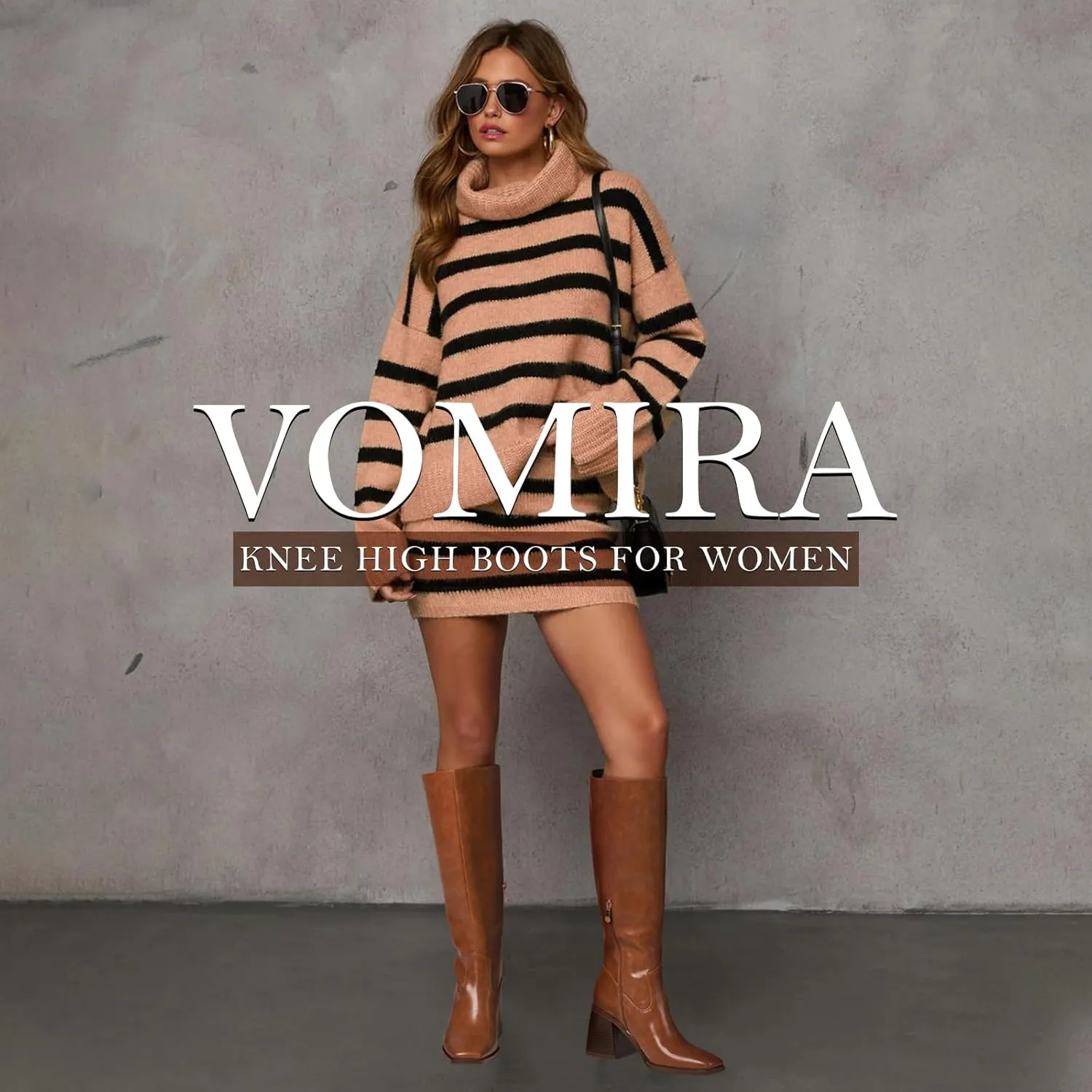 VOMIRA Knee High Boots Women Wide Calf Boots for Women Square Toe Tall Boots Chunky Heel Leather Long Boots Winter Fall Boots Black Boots for Women