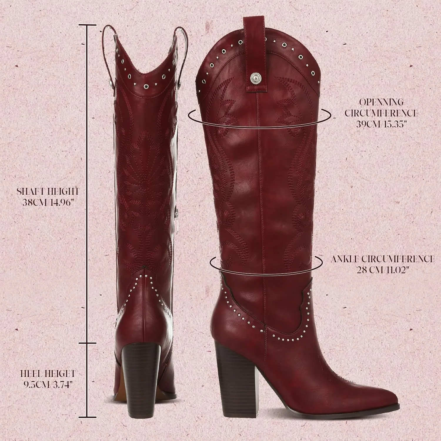 VOMIRA Knee High Cowboy Boots for Women Pointed Toe Chunky High Heels Pull-on Embroidered Boots Western Boots Wide Calf Cowgirl Boots