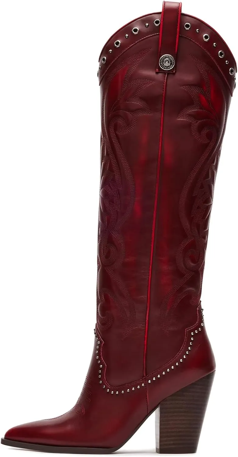 VOMIRA Knee High Cowboy Boots for Women Pointed Toe Chunky High Heels Pull-on Embroidered Boots Western Boots Wide Calf Cowgirl Boots